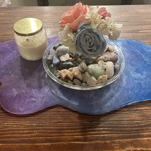 Handmade charcuterie board, blue black and purple.